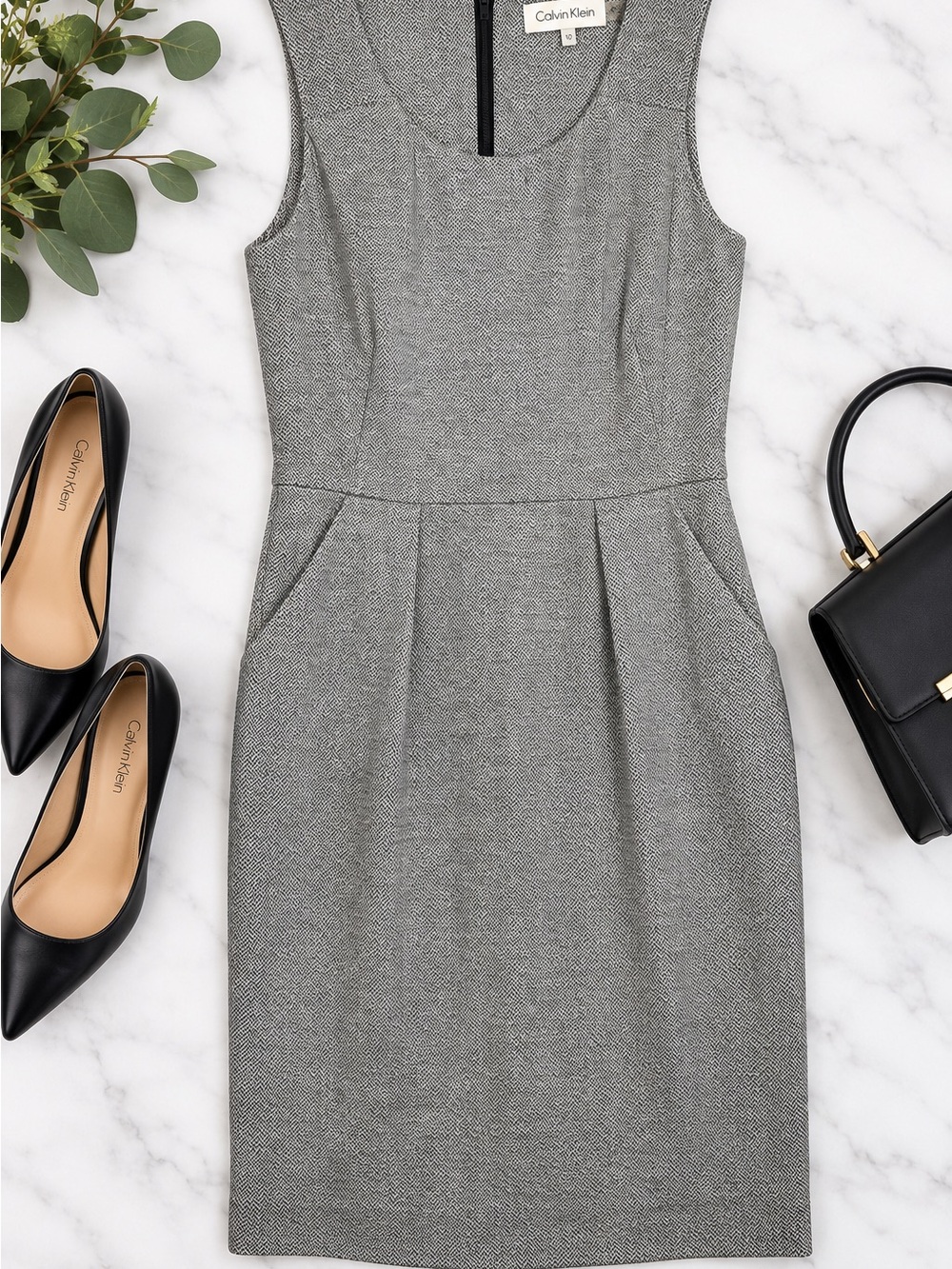 Calvin Klein Gray Herringbone Sleeveless Sheath Dress – Women’s Size 10